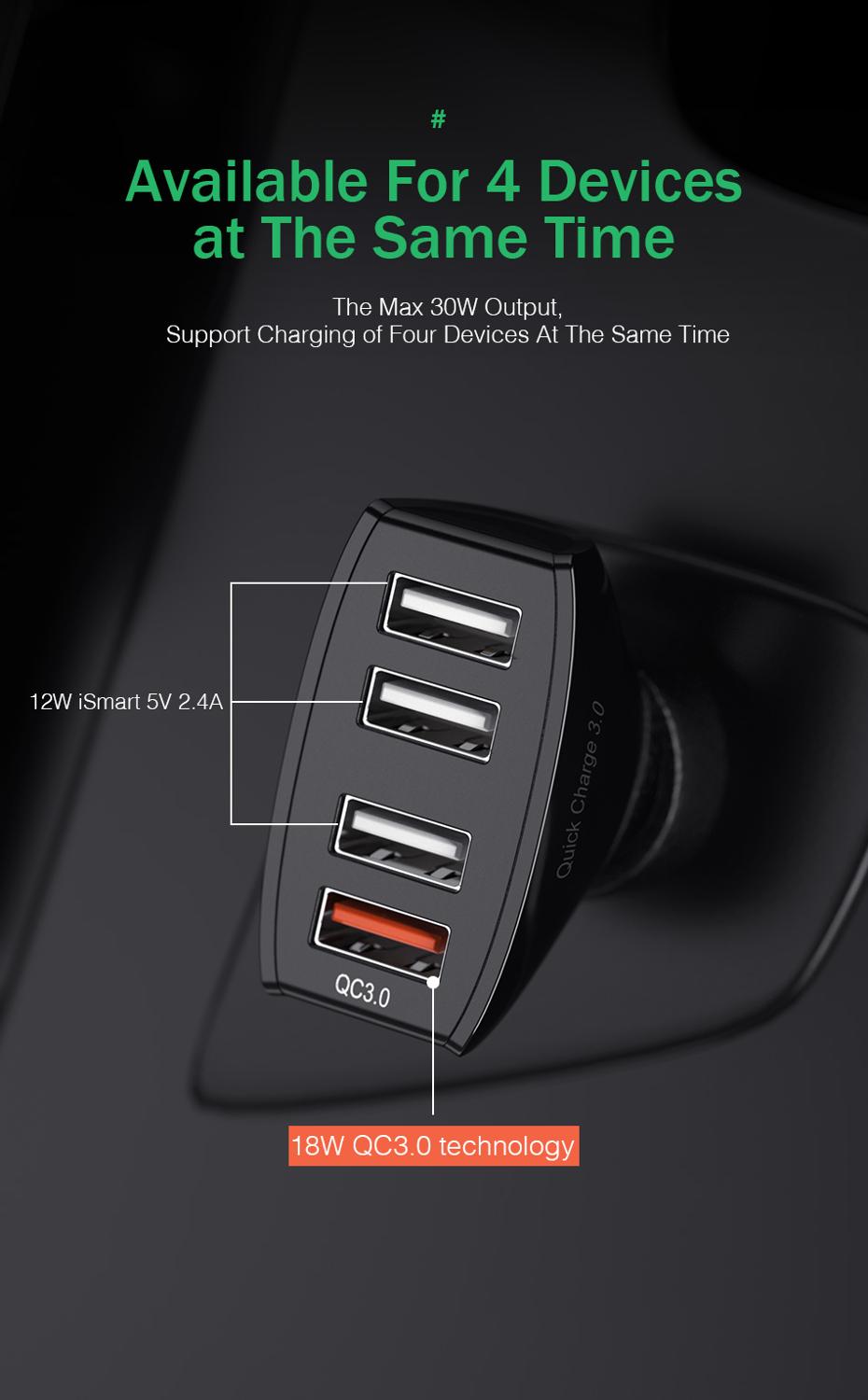 30W 4 Poorten Autolader Quick Charge 3.0 Dual Usb Adapter Snel Opladen Voor Iphone Samsung Xiaomi Telefoon Auto-Charger