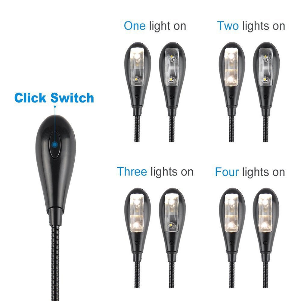DONWEI 4LED Clip Book Reading Light Battery Powered Flexible Dual Head Clip 2 Mode Bright Reading Lamp Night Desk Light