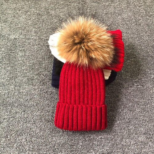 Vinter efterår piger drenge pels pom pom huer hatte bomuld hue hue til baby dejlige strikhuer med pels pompon hatte børn: Rødvin / Til børnestørrelse 46-53