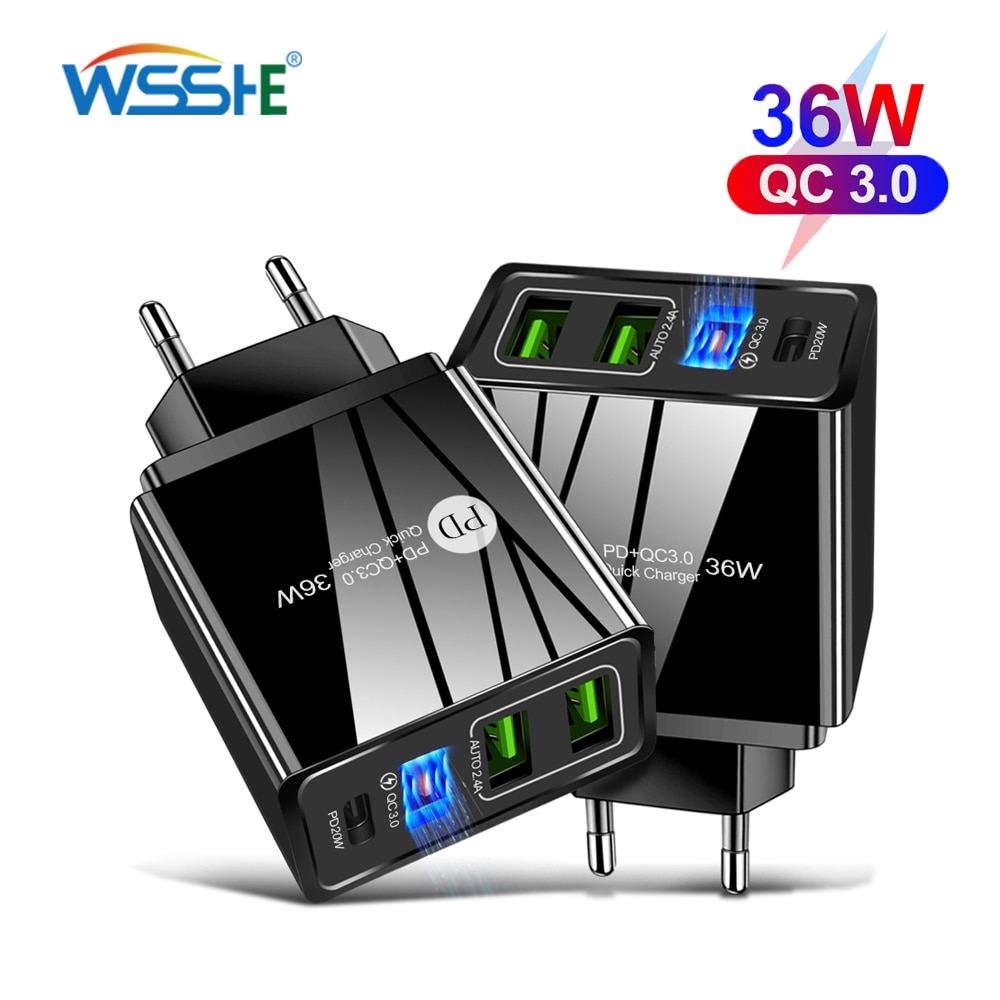 QC 3.0 USB Charger PD Fast Charge Mobile Phone Charger for iPhone 12 EU/US Plug 12V Adapter 36W Fast Wall Portable Charger