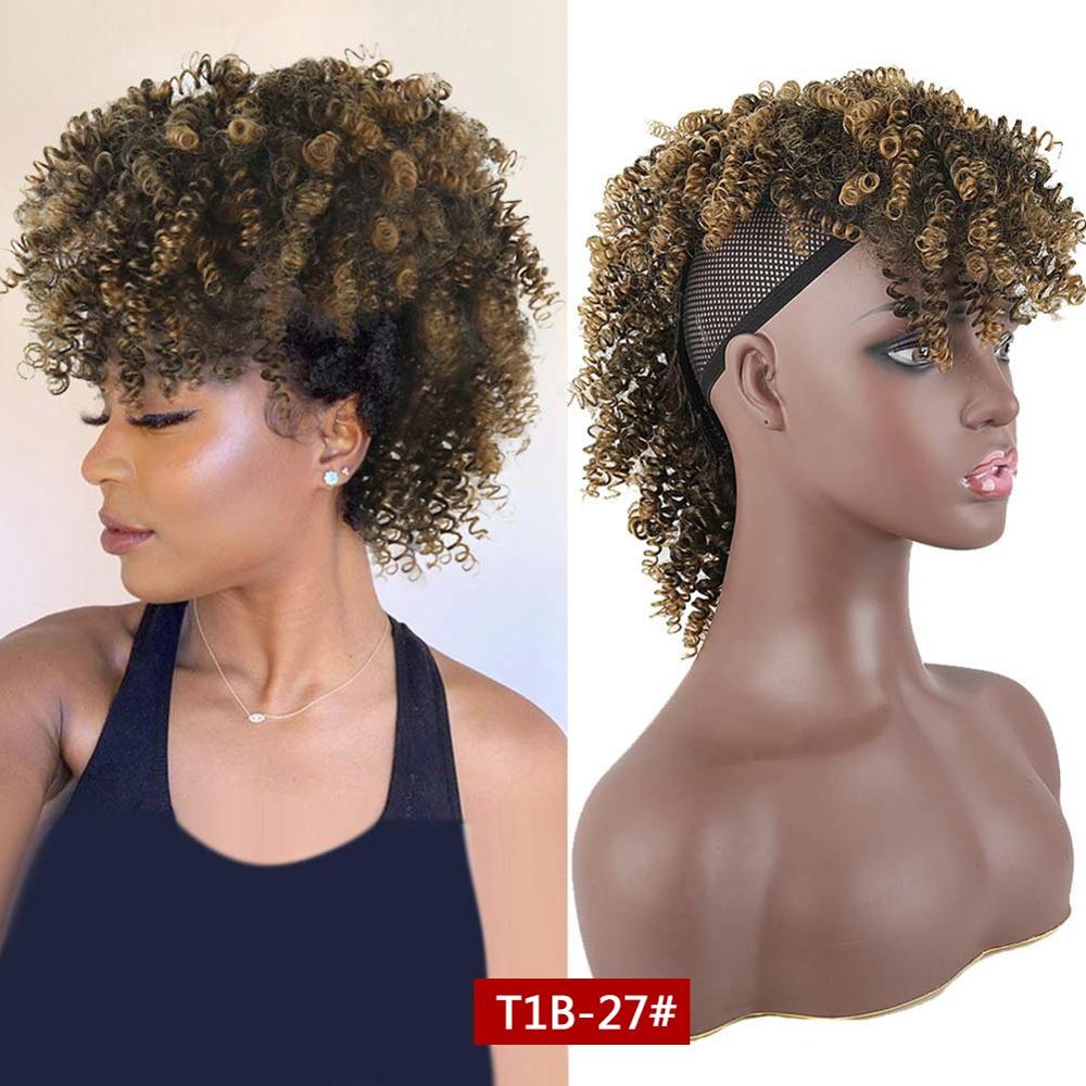 Afro Puff Ponytail With Bangs Afro Kinky Curly Synthetic Curly Mohawk Ponytail Clips in Hair Extension For Black women Hairpiece: T1B 27