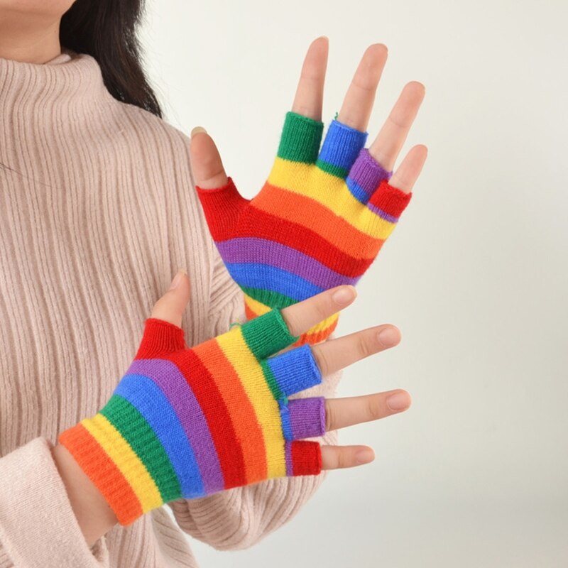 neue freundlicher Winter Gestrickte Volle Halbe Finger Handschuhe Regenbogen Bunte Gestreifte Fäustlinge