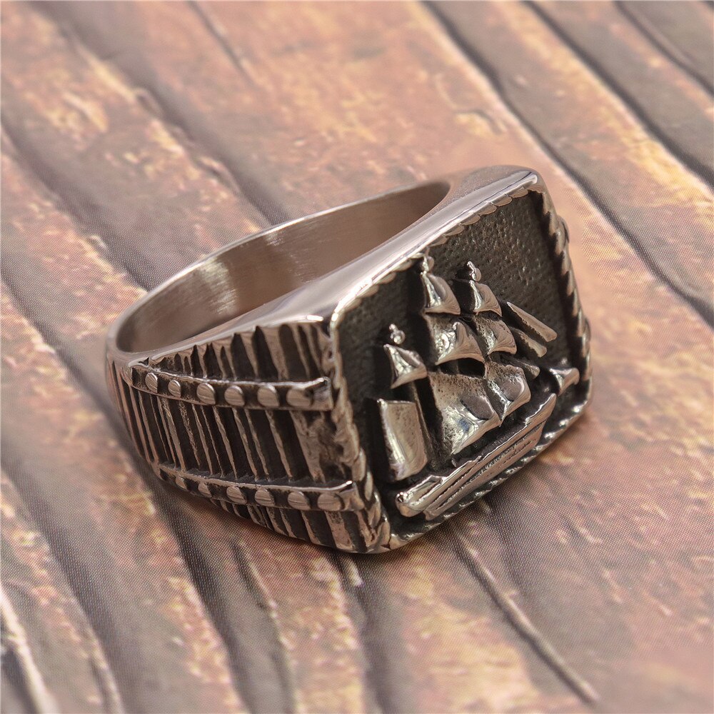 Vintage Punk Sailing Boat Ship Ring Stainless Steel Jewelry Classic Ship Biker Men Ring