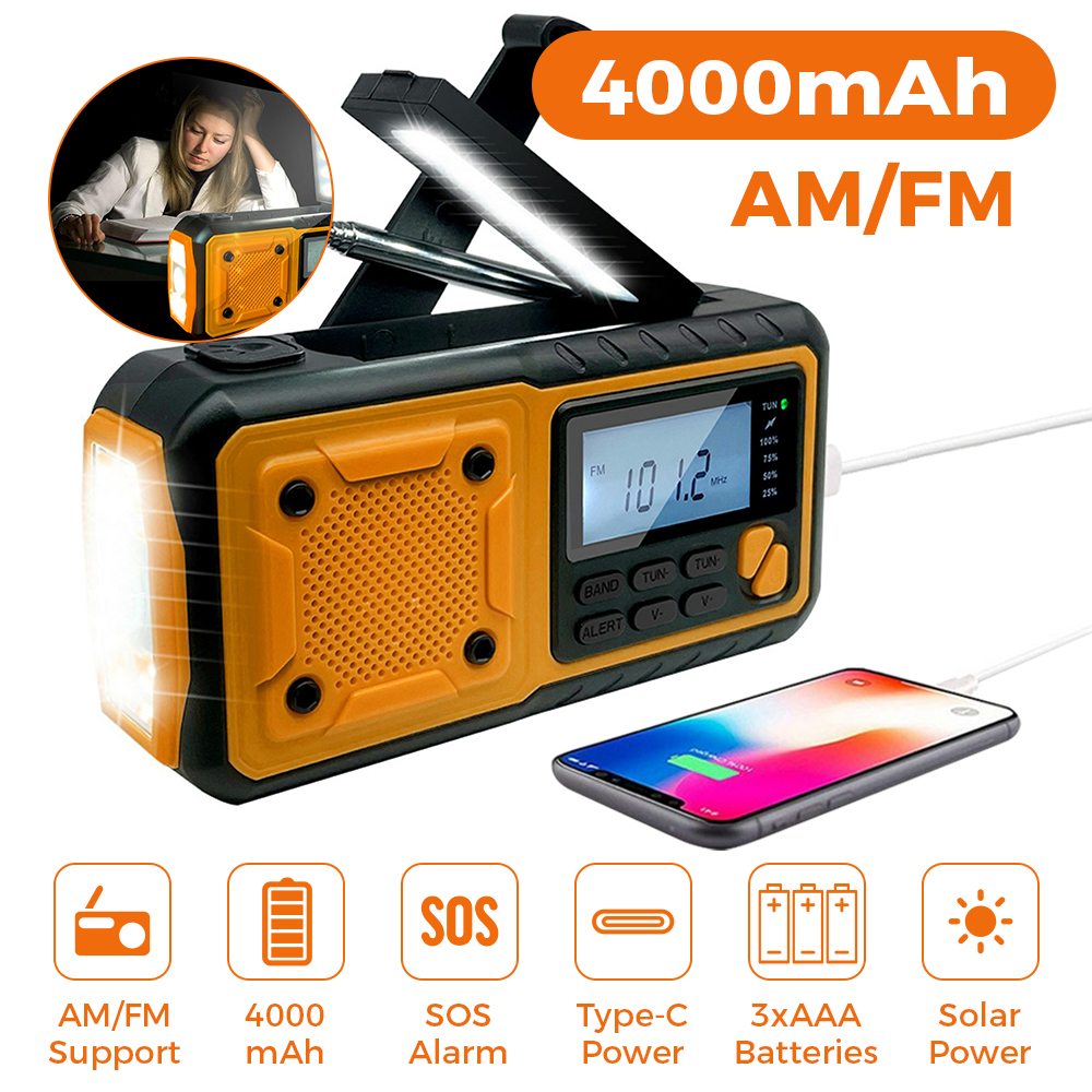 4000mAh Portable Emergency Solar Power Radio Hand Crank Charging AM/FM Weather Radio Led Reading Flashlight Bank Phone Charger: black