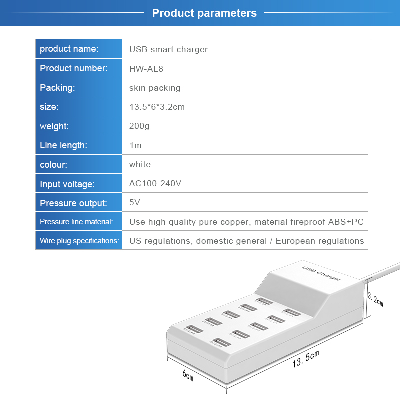 USB-laadstation, 10-poorts 50W / 10A Meerdere USB-laadstation Multi-poorten USB-oplader Opladen voor tablet Laptop Computerg