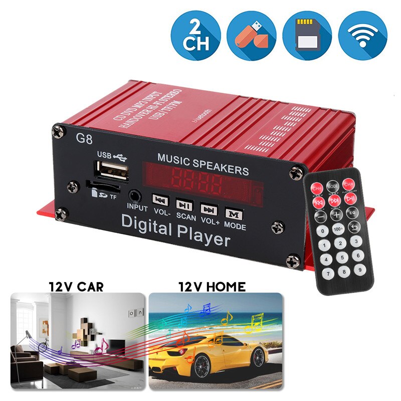 Retail Mini Car Amplifier 2 Channel HIFI Audio Power Amplifier Bluetooth Stereo Car Theater Amp with FM Radio USB/TF/AUX