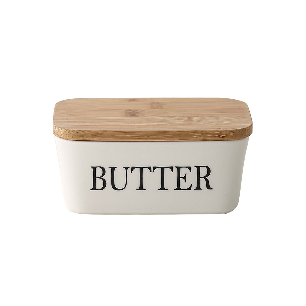 Nordic Butter Sealing Box,Ceramic Butter Plate with Wood Lid and Knife,Cheese Storage Tray Butter Dish Container Box, White: A