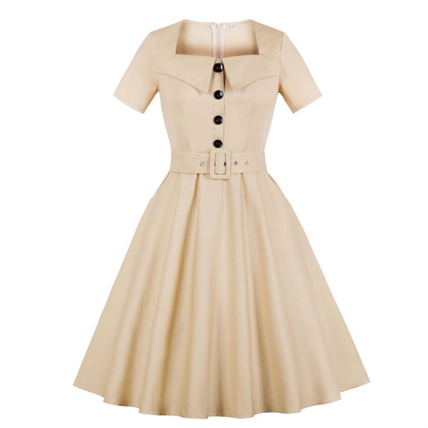 Robe trompette Vintage pour femmes, col carré, boutons, fermeture éclair, ceinture, manches courtes, grande taille, rétro élégante, robe d'extension pour filles, été,