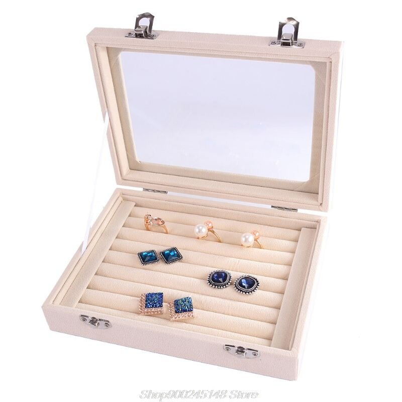 Anillo de cristal de terciopelo organizador para presentación de joyas caja bandeja soporte estuche para almacenamiento portátil joyero almacenamiento cremallera joyeros: Beige