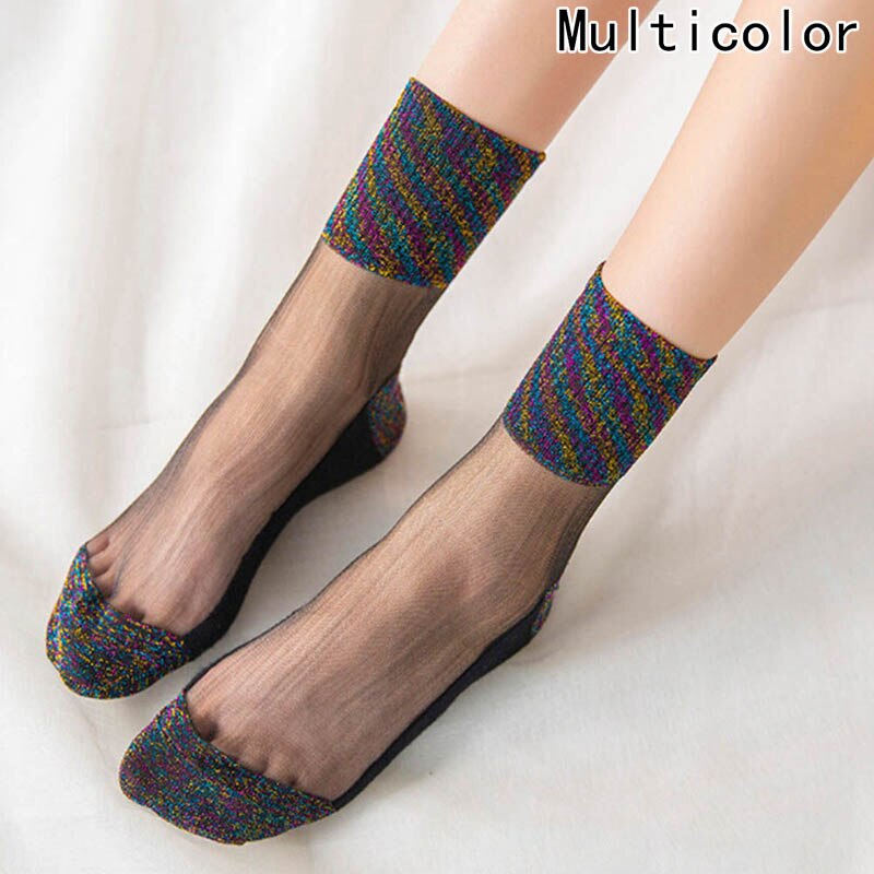 8 Colors Summer Women Ultrathin Transparent Socks Glitter Crystal Glass Silk Meias Beautiful Lace Shiny Elastic Short Socks: MC