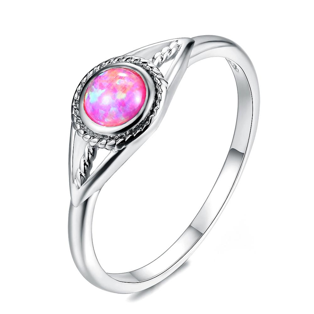 Vintage Silver White/Blue/Purple Round Opal Rings anillos Sterling Silver 925 Finger Ring Women Jewelry: 8 / Pink