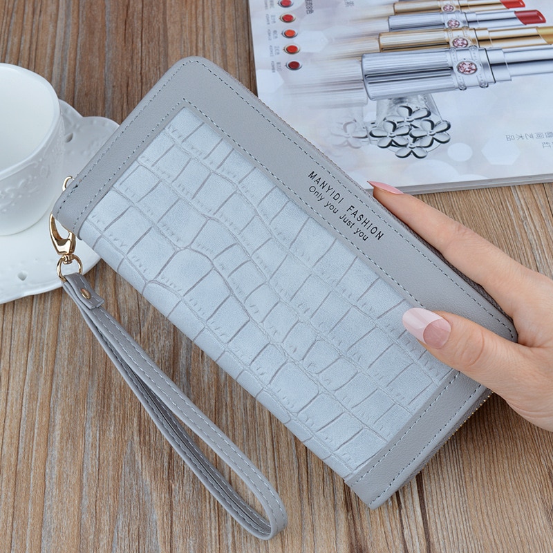 Nueva cartera larga de para mujer, bolso de mano con de cocodrilo y cremallera, Cartera de piel suave de gran capacidad, bolso para teléfono móvil: Gray