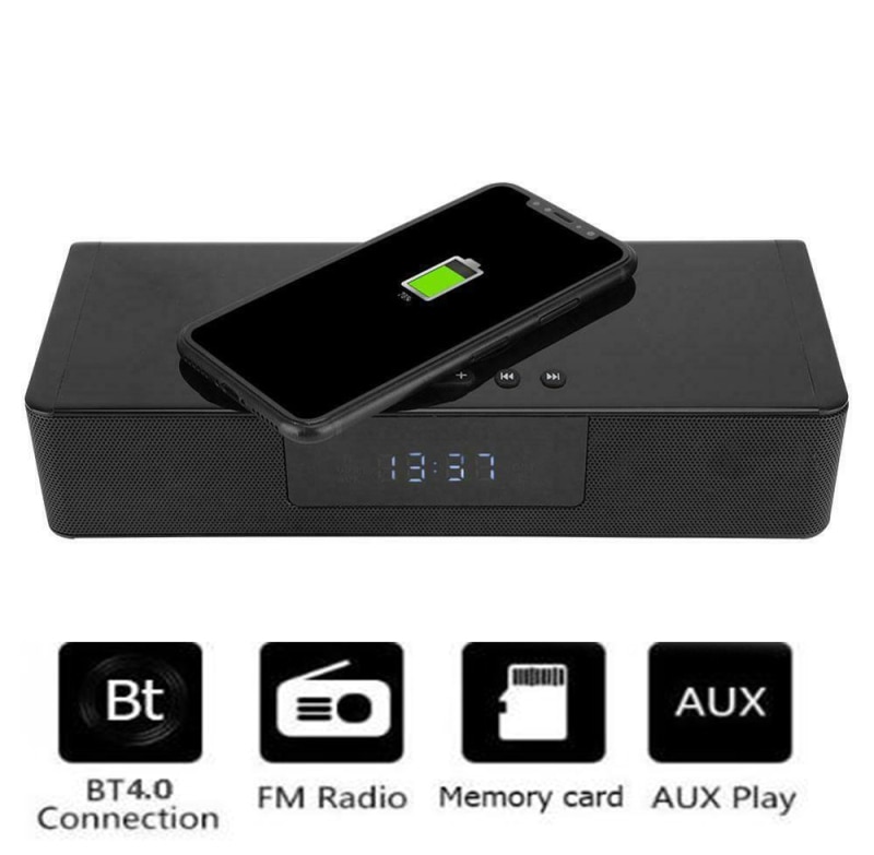 Columna de altavoz Bluetooth inalámbrico para cine en casa, barra de sonido para ordenador, centro de música con altavoces de reloj cargador inalámbrico, 4000 mAh