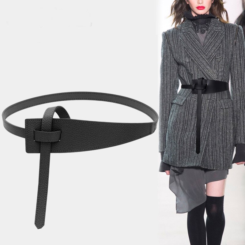 Cinturón largo ancho de cuero para mujer, cinturones de corsé anudados en la cintura, negro, falda, abrigo, accesorios de ropa