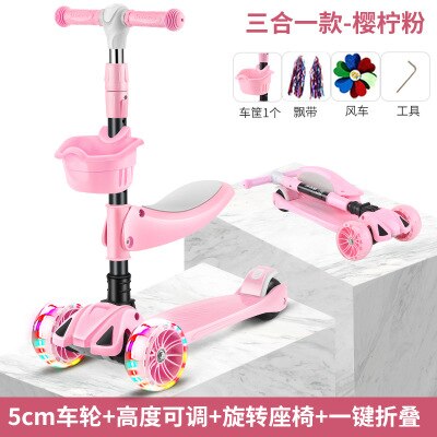 3 In 1 Kid regolabile Kick Scooter sedile pieghevole lampeggiante 3 ruote Step Scooter bambini City Roller Skateboard regali per bambini: pink
