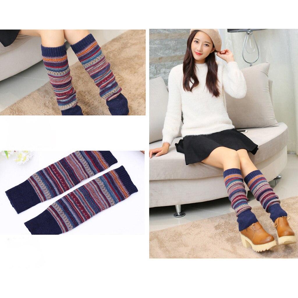 Ethnique 1 paire femmes hiver jambières laine tricot haute genou chaussettes bottes manchettes filles guêtres Femme