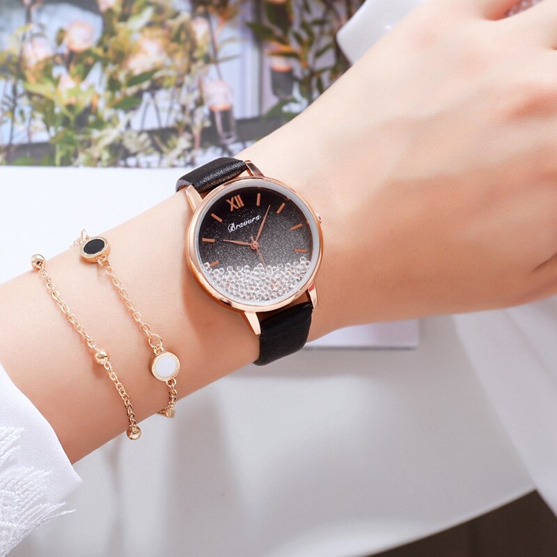 Scroll diamant dames casual leren dameshorloge quartz polshorloge sterrenhemel damesklok reloj mujer relogio feminino: Zwarte set