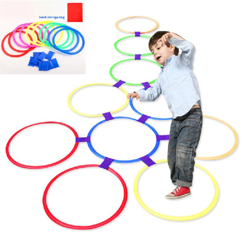 Children Games Hopscotch Jump Rings Set Kids Sensory Play Indoor Outdoor with 10 Hoops and 10 Connectors Training Sports Toy