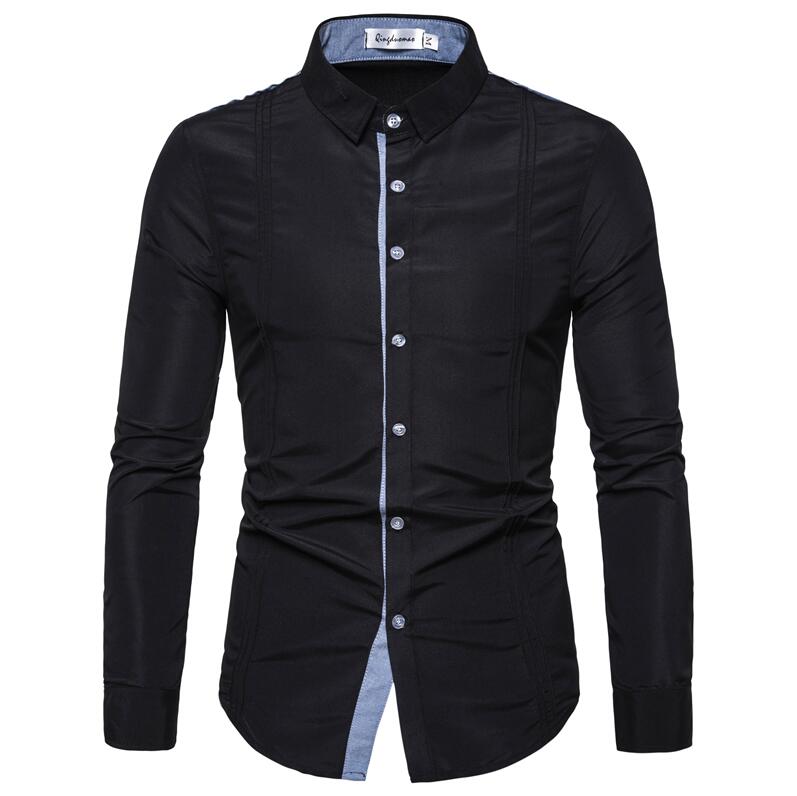 Casual Shirts Men Stitching Denim Long Sleeve Dress Shirt Chest Fold Daily Business Social Camisas 3XL: Black Casual Shirts / Asian Size XXXL
