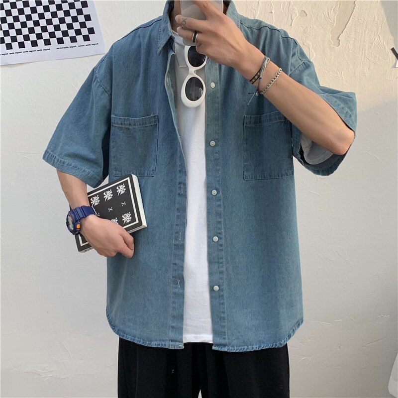 2021Mens Summer Denim Shirts Thin Short Sleeve Soft Cotton Shirt Men Pockets Slim Slight Elastic Jeans Cowboy Shirt