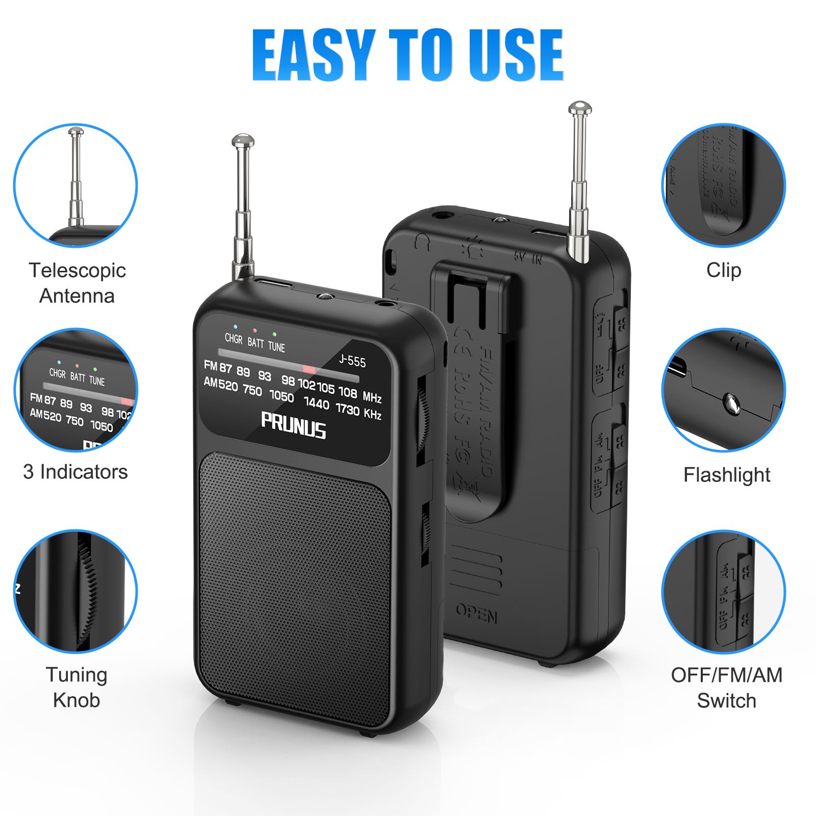 Mini Radio de bolsillo portátil AM FM AAA USB-C potencia 800mAh batería recargable excelente recepción altavoz transparente conector para auriculares