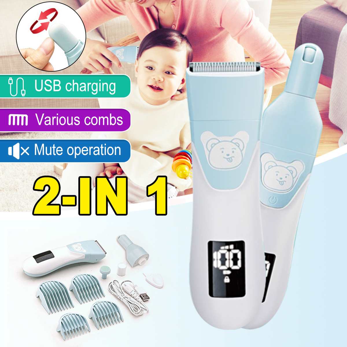 Recortador de pelo eléctrico 2 en 1 para bebé, amoladora de uñas para niños, máquina de corte de pelo LCD, cortadora de pelo, afeitadora con 4 peine de límite