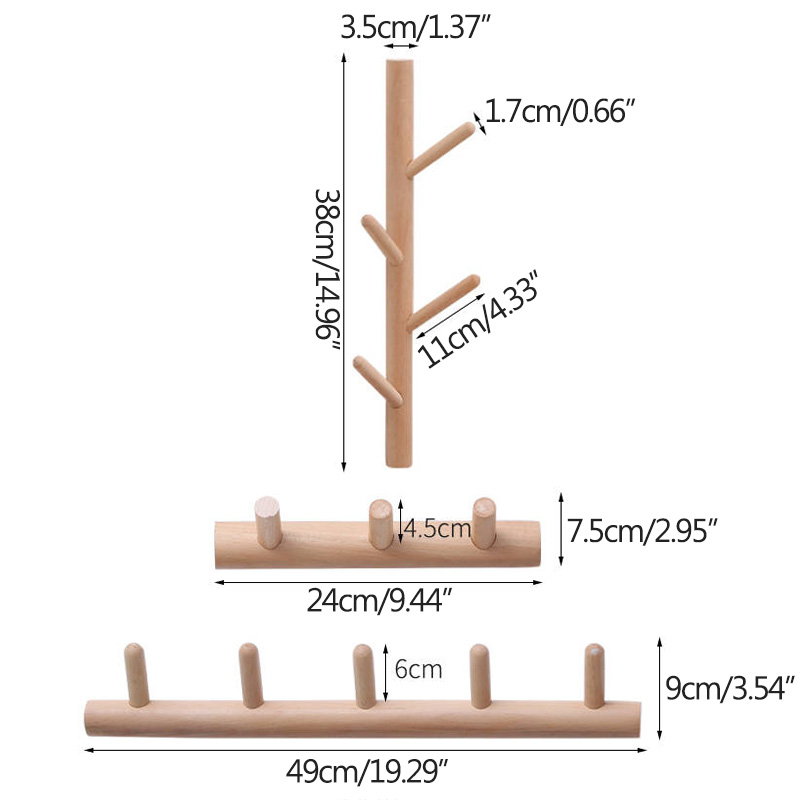 Nordic Simple Beech Tree Wall Hanging Solid Wood Coat Hook Storage Rack Wall Hanging Wooden Hanger
