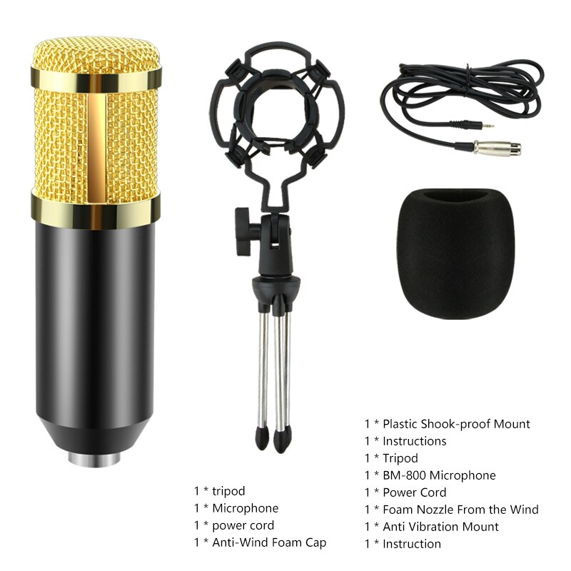 BM 800 Microphone Condenser Sound Recording Microphone With Shock Mount For Radio Braodcasting Singing Recording KTV Karaoke Mic: black with tripod