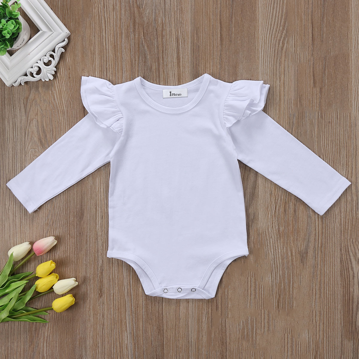 Sød nyfødt baby pige langærmet flæser bodysuit jumpsuit hvid ren sort outfit tøj 0-18m: Hvid / 18m