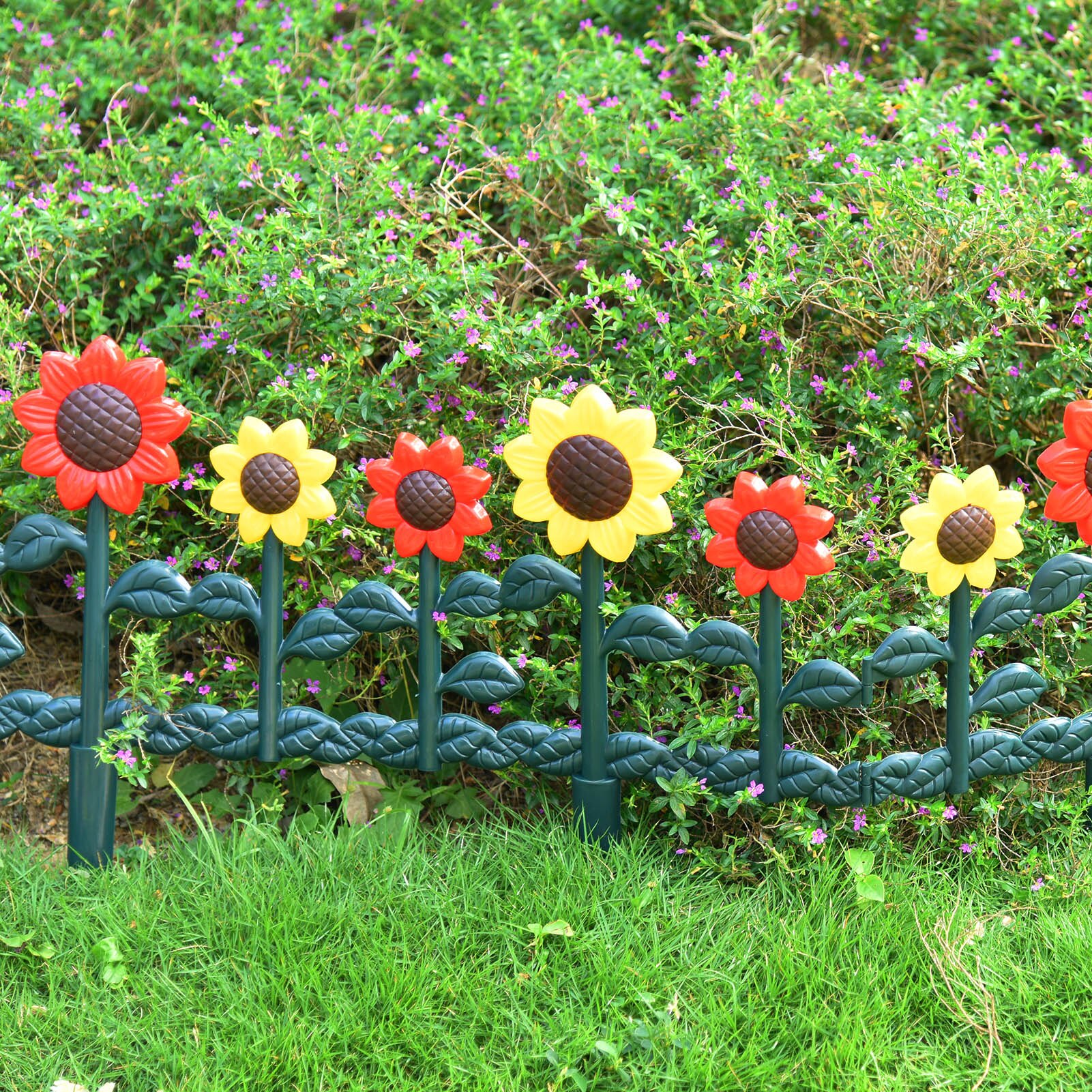 5pcs Garden Picket Fence Removable Sunflower Fence Home Garden Fence Outdoor Plastic Flowerbed Fence PP Material Total Length 3m