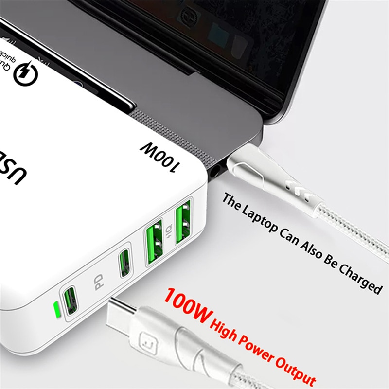 100W 4port Power Adapter PD100W/65W/45W/18W QC4.0/PPS Charger 5A E-MARK USB-C Cable For USB C Laptops MacBook Pro iPhone12/11