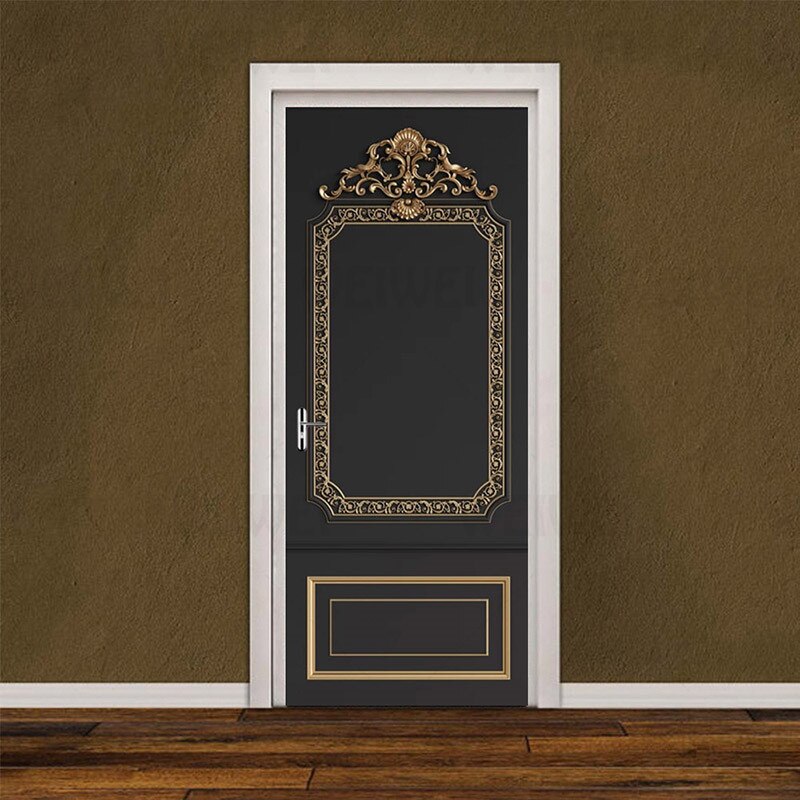 Black Gold High Texture Pattern Border Home Decoration Door Stickers Bedroom Living Room Door Decals Self-Adhesive: 95x215cm