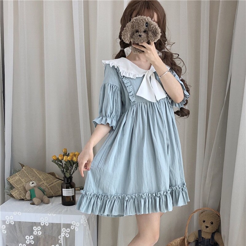 Été Lolita robe japonais Kawaii vêtements lanterne manches mignon bleu/vert Lolita vêtements thé robes de fête pour les femmes VO720