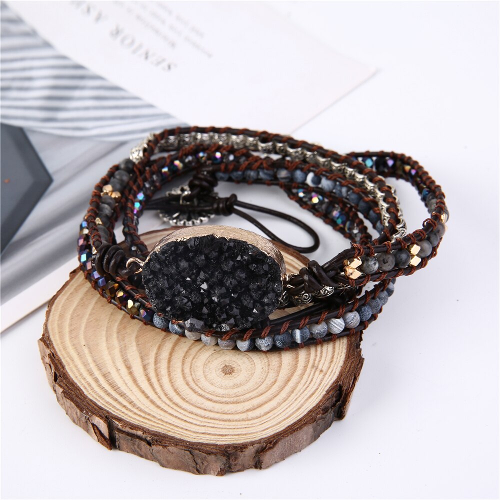 Bohemian Kralen Natuursteen Armband Ovale Cuboid Power Stone Hand Geweven Lederen Armband Vrouwen Armband Op Hand