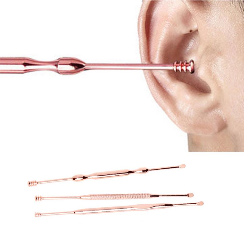 3 stks/set Rvs Oor Pick Double-ended Earpick Wax Remover Oor Cure Cleaner Lepel Oor Spiraal Schoonmaken Tool