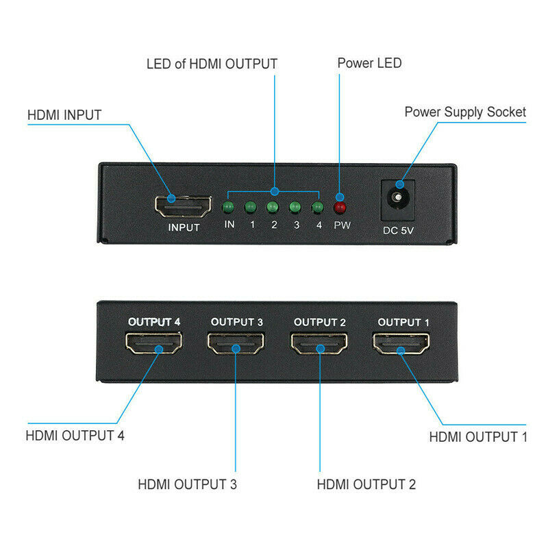 HDMI-compatible Splitter 1 In 4 Out Full HD 4-Port Hub Repeater Amplifier v1.4 3d 1080p For HDTV DVD For PS4 Xbox