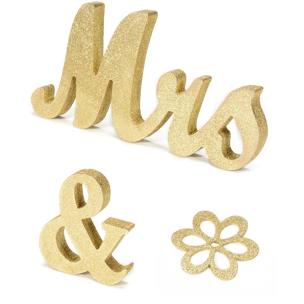 LanLan letras de madera MR & letrero con letras Mrs decoraciones de mesa de boda oro purpurina plateada Glitter Sweetheart herramientas