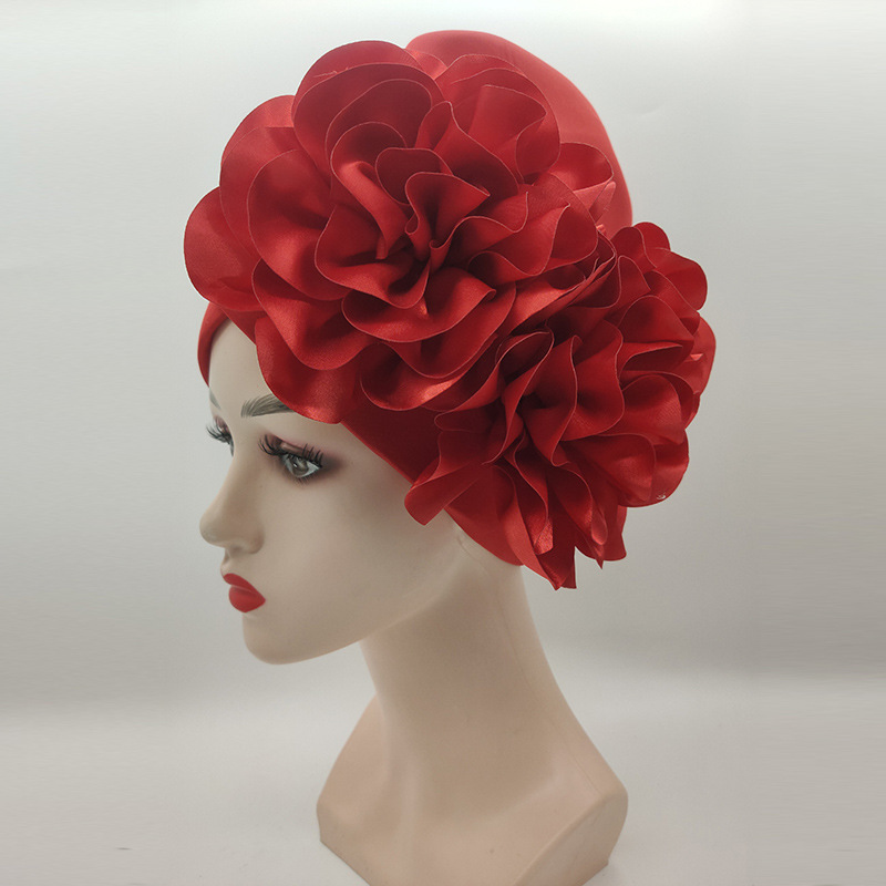 Women&#39;s Already Made Headties Damsak Aso Oke Auto Gele Turban African Hat with Flower Moslin Robe Hijab Cap Muslim Inner: Red
