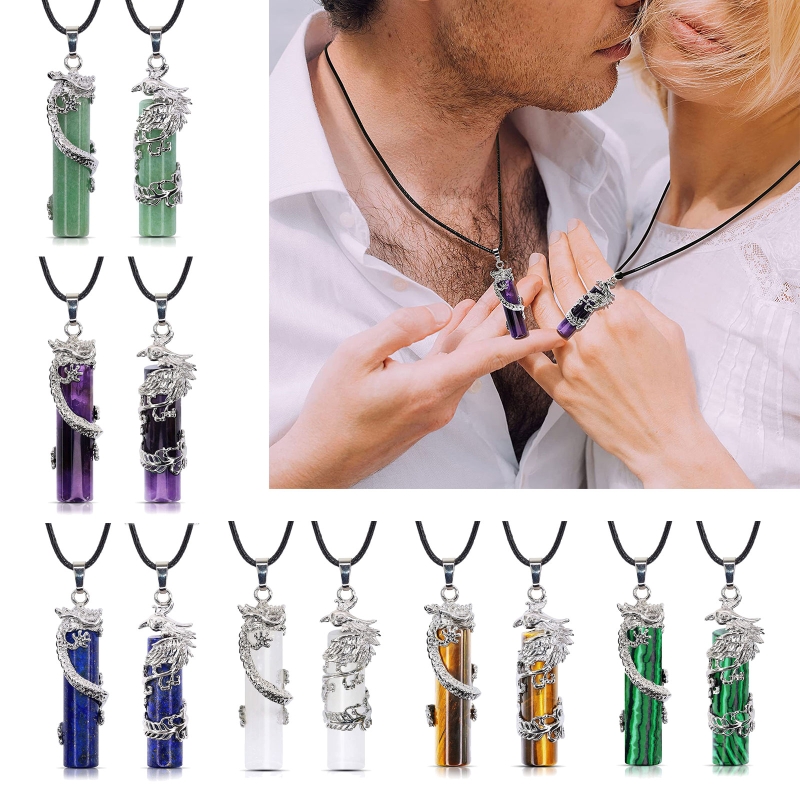 Collar cilíndrico con colgante de Yin Yang para parejas, 2 piezas, dragón de cristal, Fénix, curación por radiación