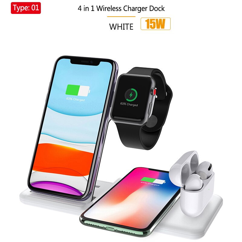 4in1 Qi Wireless Charge Station Foldable Base 15W Fast Wireless Charging for Samsung S20 S10 Huawei Apple iWatch 5 4 3 Airpods 2: T1 15W Charge White