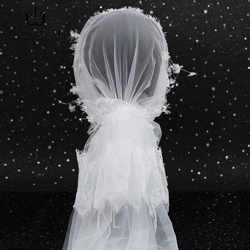 Süße Braut Kopfschmuck Spitze Haar Zubehör Handgemachte Perlen Schleier Spitze Braut Schleier Velos De Novia Hochzeit Schleier für Hochzeit Kleid