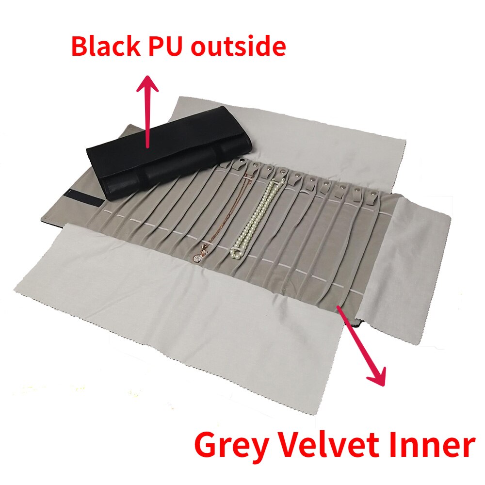 Black Velvet Jewelry Roll Bag for Jewellery Pendant Organizer Storage Bag Portable Necklace Display Cases: Black Grey PU