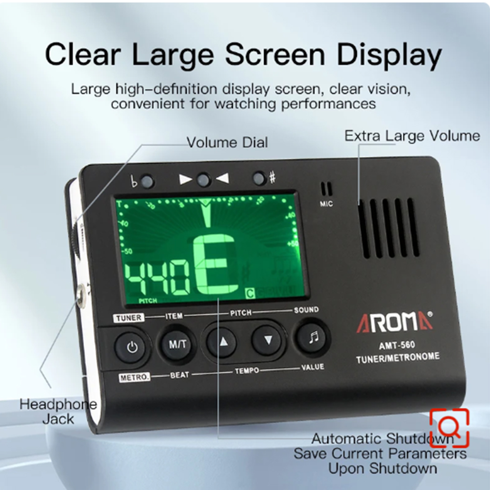 Aroma AMT-560 afinador de guitarra eléctrica y metrónomo micrófono incorporado con Cable de pastilla 6,3mm para guitarra cromática bajo violín ukelele
