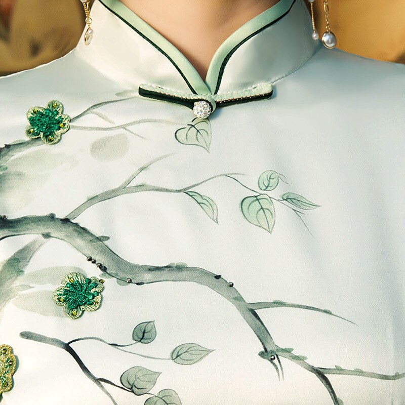 Beliebt Grün Cheongsam Kleider Seide Neue Show Mini China Wind Zweig Blätter Qipao Jahrgang Abend Shanghai Kleid
