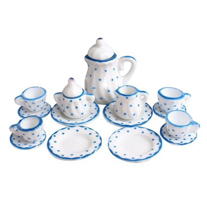 15pcs 1:12 Mini Porcelain Tea Cup Set China Flower Tableware Kitchen Doll House Scene Model Play House Toys: A