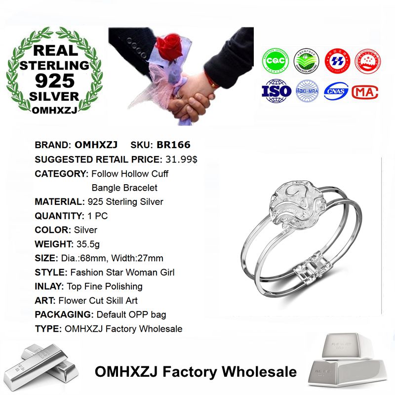 OMHXZJ Persoonlijkheid Mode OL Vrouw Meisje Party Zilveren Bloem Open 925 Sterling Zilveren Manchet Bangle Armband BR166