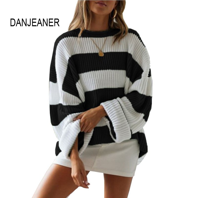 Danjeaner gestreepte losse damestrui, herfst/winter zwarte truien, gebreide truien, damestrui, femme