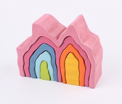 Baby Montessori Wooden Building Blocks Rainbow Stacker Wooden Toy Flame House Stone Rainbow Blocks Geometric Wooden Toys For Kid: coral