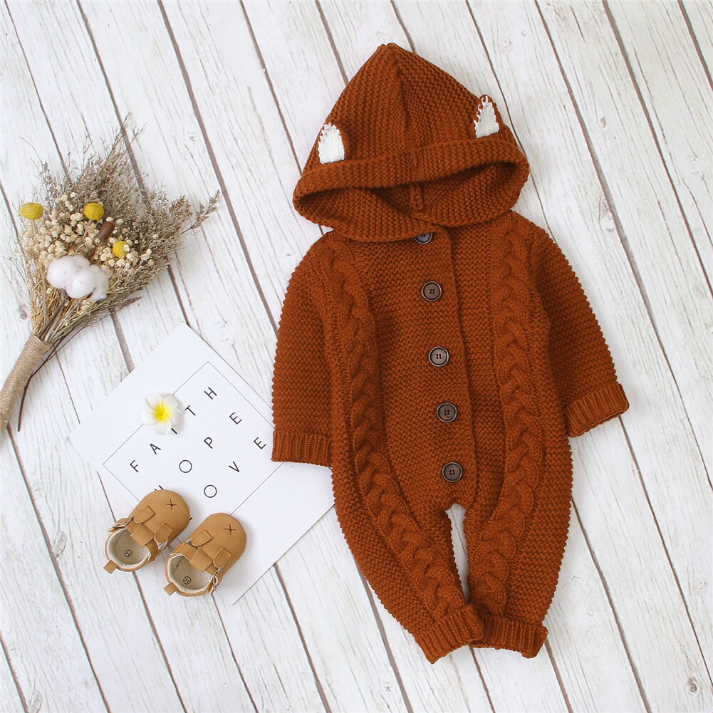Focusnorm 0-24M Winter Baby Meisjes Jongens Rompertjes Knit Solid Hooded Lange Mouwen Single Breasted Warm Jumpsuits
