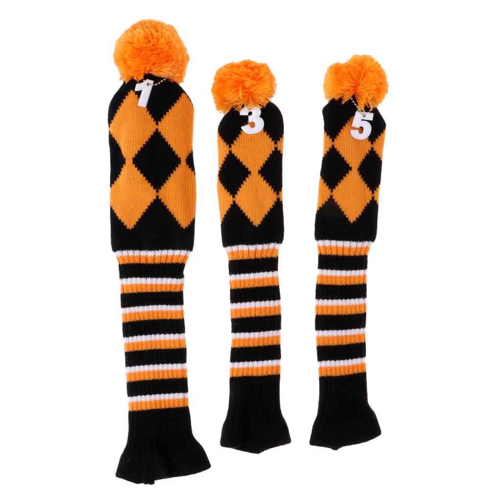 3 Pieces Golf Knit Pom Pom Headcover Driver Fairway Woods Head Covers Orange